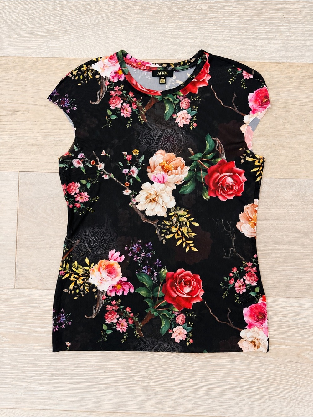 AFRM Black Floral Cap Sleeve Tee with Red & Pink Roses